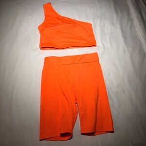 Neon Orange One-Shoulder Top and Shorts Set size medium